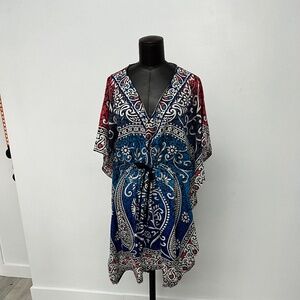 Boho Paisley Tunic Dress | Blue Red Kaftan Cover-Up | Resort Wear